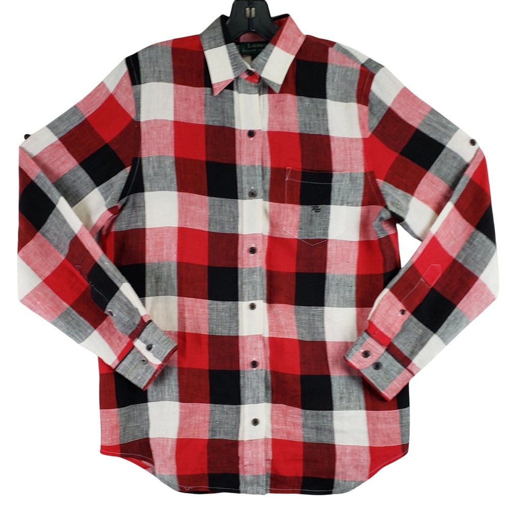 Lauren Ralph Lauren Linen Button Down Women S Red Buffalo Plaid Roll Tab Sleeve